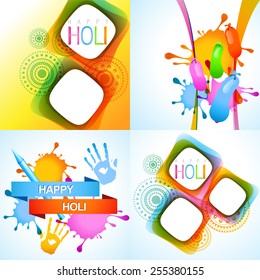 vector illustration of holi background with pichkari, balloon and colorful hand