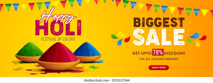 Vector illustration of Holi banner for sale and promotion for Festival of Colors celebration with message biggest sale.