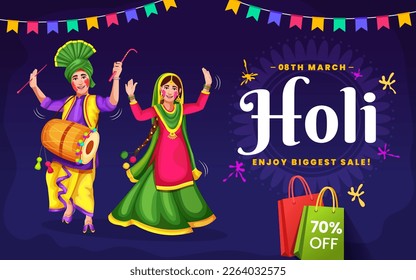 Vector illustration of Holi banner for sale and promotion for Festival of Colors celebration with message exclusive Holi sale. Indian people dancing, celebrating and apply color to each other.