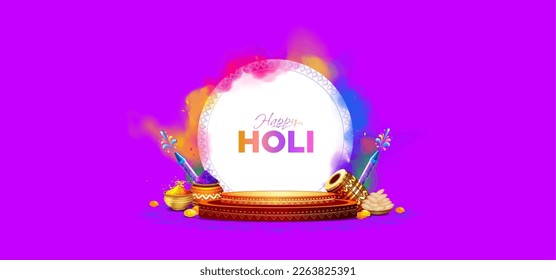 Vector illustration of Holi Festival Background with 3d podium for product display design. Happy Holi text, color splash and vintage floral decoration.