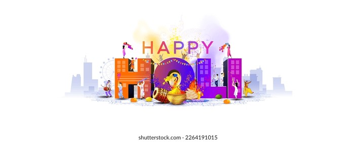 Vector illustration of Holi festival background. Happy Holi Text with People dancing, playing with Colors, Indian city skyline and celebrating Holi festival. - Shutterstock ID 2264191015