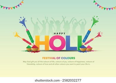 Vector illustration of Holi festival background. Happy Holi Text with People dancing, playing with Colors, celebrating Holi festival.