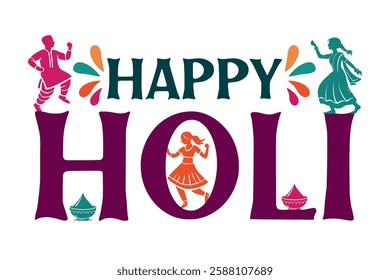 Vector illustration of Holi festival background. Happy Holi text with people dancing, playing with colors, and celebrating Holi festival.