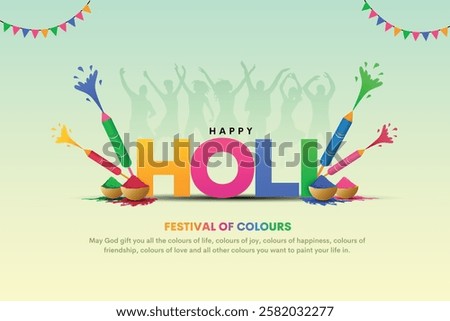 Vector illustration of Holi festival background. Happy Holi Text with People dancing, playing with Colors, celebrating Holi festival.