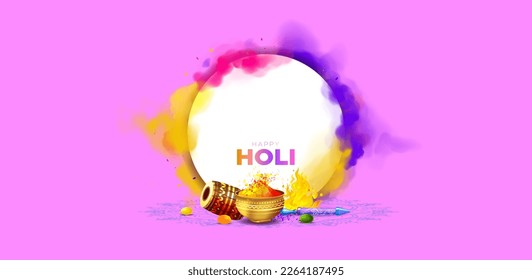 Vector illustration of Holi festival celebration background. Happy Holi text with colorful colors splash. Layout template banner poster design.