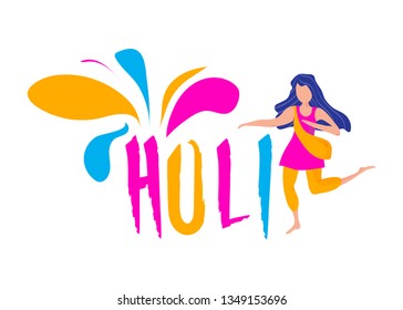 Vector illustration for Holi Festival: greeting card or icon template with celebrating girl or woman and text with color splash Holi. Festival of Colors banner.