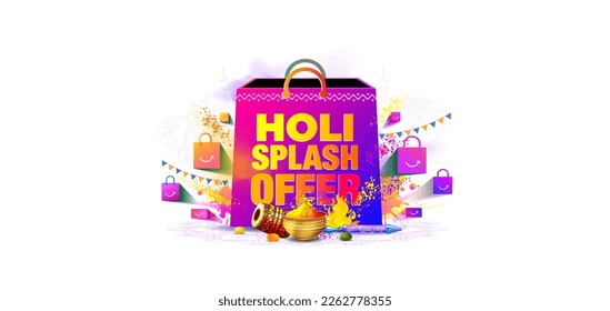 Vector illustration of Holi festival sale, offers, discount, deal concept. 3D Shopping bag with text and colors splash background.