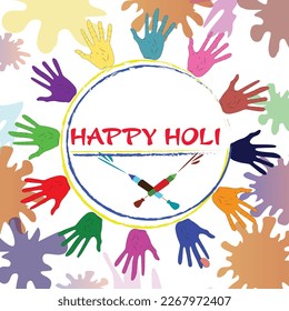Vector illustration of holi festivals greeting card.Red color happy holi text written in the middle, blue and yellow color lines and colorful palm, water gun decorated around it on white background.