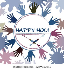 Ilustración vectorial de los festivales de holi tarjeta de saludo.texto azul feliz de holi escrito en las líneas de color medio, azul y rosa y palmeras coloridas, pistola de agua decorada alrededor de ella en fondo blanco.