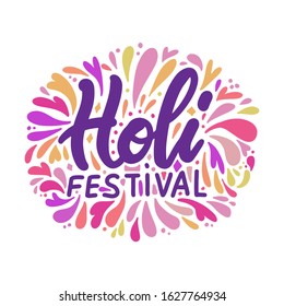 Vector illustration of Holi lettering for Festival of Colors. Celebration colorful greeting calligraphy with splash of paint isolated on white background