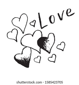 Vektorillustration Illustration für den Urlaub aller Liebhaber, Valentinstag, 14. Februar. Eine Gruppe doodle Herzen verschiedener Formen und Größen, die Inschrift Liebe. Freehand zeichnete schwarze Umrisse.