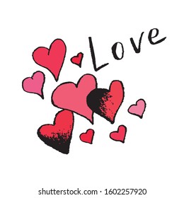 Vector illustration for the holiday of all lovers, Valentine's Day, February 14. Group of doodle hearts of different shapes and sizes, pink color, lettering Love. Freehand drawn black outline.