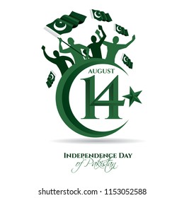 vector illustration. holiday August 14 is the day of independence of Pakistan. symbolic green colors and people silhouettes with flag