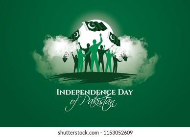 vector illustration. holiday August 14 is the day of independence of Pakistan. symbolic green colors and people silhouettes with flag