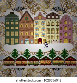 Vector illustration. Holiday background with a christmas tree and houses over a background.