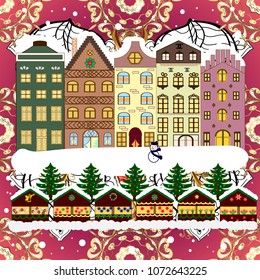 Vector illustration. Holiday background with a christmas tree and houses over a background.