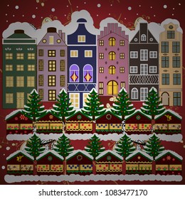Vector illustration. Holiday background with a christmas tree and houses over a background.