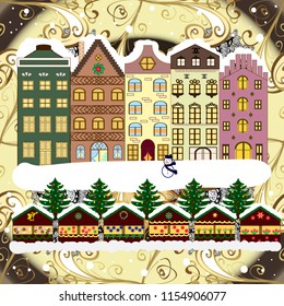 Vector illustration. Holiday background with a christmas tree and houses over a background.