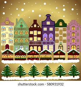 Vector illustration. Holiday background with a Christmas tree and presents with santa hat.