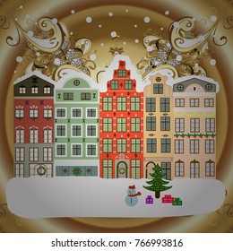 Vector illustration. Holiday background with a christmas tree and houses over a background.