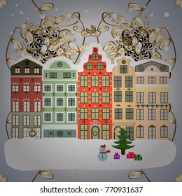 Vector illustration. Holiday background with a christmas tree and houses over a background.
