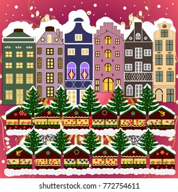 Vector illustration. Holiday background with a christmas tree and houses over a background.