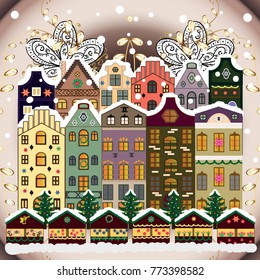 Vector illustration. Holiday background with a christmas tree and houses over a background.