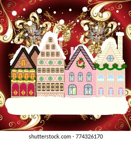 Vector illustration. Holiday background with a christmas tree and houses over a background.