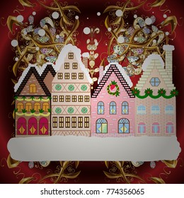 Vector illustration. Holiday background with a christmas tree and houses over a background.