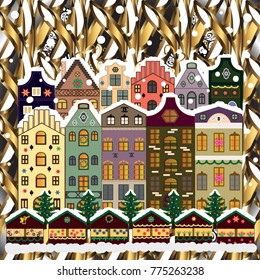 Vector illustration. Holiday background with a christmas tree and houses over a background.