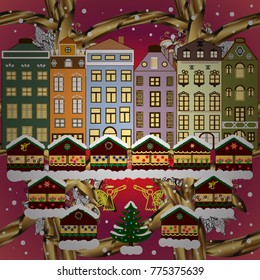 Vector illustration. Holiday background with a christmas tree and houses over a background.