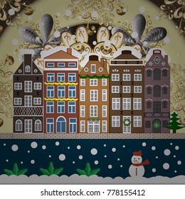 Vector illustration. Holiday background with a christmas tree and houses over a background.