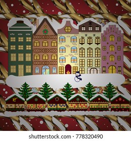 Vector illustration. Holiday background with a christmas tree and houses over a background.