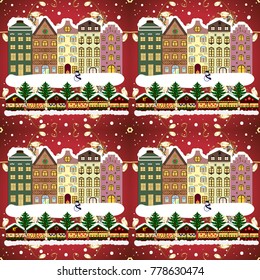 Vector illustration. Holiday background with a christmas tree and houses over a background.