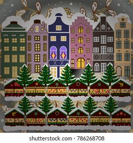 Vector illustration. Holiday background with a christmas tree and houses over a background.