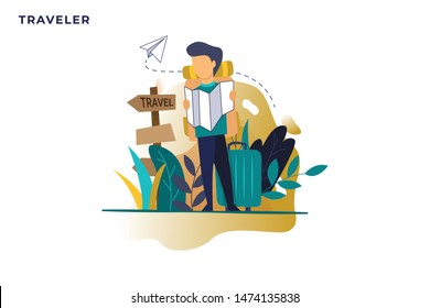 Vector illustration of holiday, backpacker,  search travel destination, tourisme in flat design for website page. background, mobile apps development. blog image with modern concept.