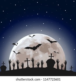 Vector illustration of a holiday banner on a background of a dark starry sky with a bright moon with terrible hands, graves and bats.