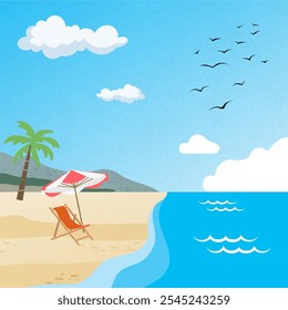 vector illustration of a holiday at the beach. Beach holiday concept with sun loungers, beach umbrellas and coconut trees. Vector, cartoon illustration.Vector design.