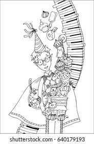 vector illustration, holiday and birthday, the boy holds in his hands a lot of sweets