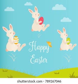 Vector illustration. Holiday bright design with cute Easter  rabbit