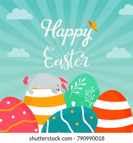 Vector illustration. Holiday bright design with cute Easter rabbit