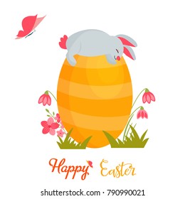 Vector illustration. Holiday bright design with cute Easter rabbit sleeping on the egg