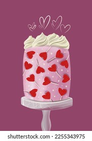 Vector illustration with the holiday cake with cream, isolated on pink background. For print, cards, posters, wrapping paper.
