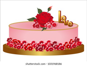 A vector illustration of a holiday cake decorated with red flowers, gold beads and the word "LOVE" in gold.