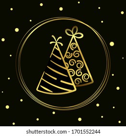 Vector illustration of holiday caps in a circle hand-drawn. vector icon gold line isolated on black background for design
