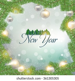 Vector illustration, Holiday card with Christmas tree branches and Christmas decorations in the snow, Christmas background.