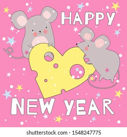 Vector illustration for a holiday card. Cute and funny mice. The symbol of the new year 2020. They eat cheese heart. Pink background.