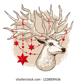 Vector illustration, holiday card, deer head with beautiful horns