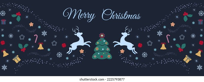 Vector illustration of a holiday card with deer, Christmas tree, gifts, stars, elements of floral ornament. Template for congratulations and corporate invitations. 