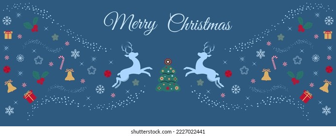 Vector illustration of a holiday card with deer, Christmas tree, gifts, stars, elements of floral ornament. Template for congratulations and corporate invitations..